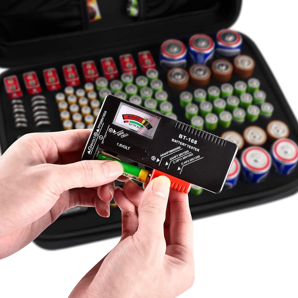 Hard Battery Organizer Storage Box, Carrying Case Bag Holder - Holds 148 Batteries AA AAA C D 9V - with Battery Tester BT-168 (Batteries Are Not Included)